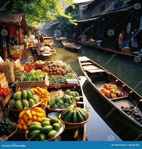 A Traditional Thai Floating Market Colorful Fruits Local Delicacies