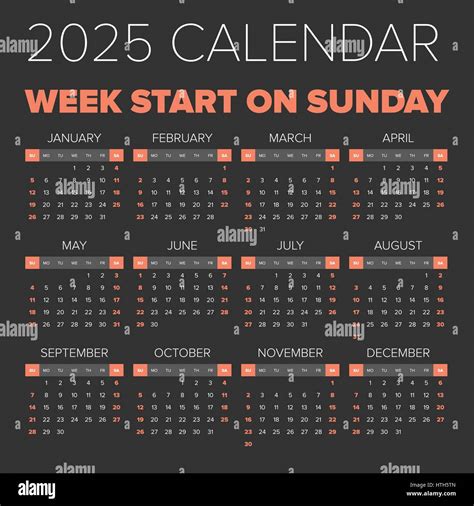 Simple 2025 Year Calendar Week Starts On Sunday Stock Vector Image