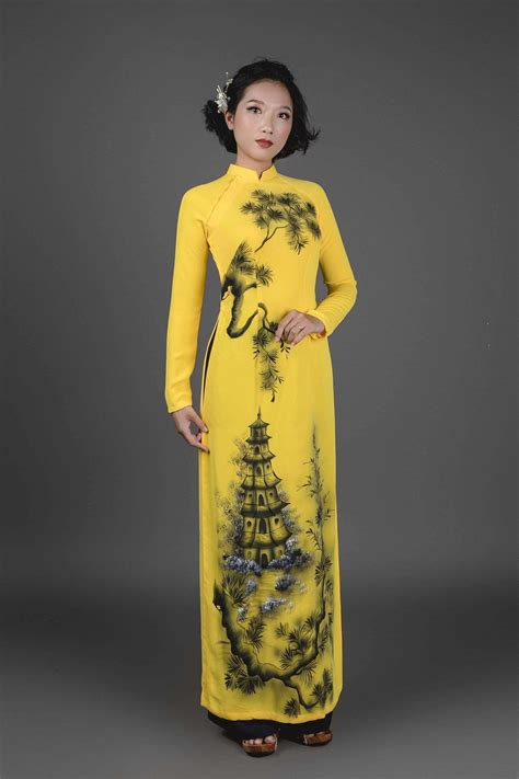 Vietnamese Ao Dai Dress In Yellow Silk Fabric Hand Painted Pagoda Mo