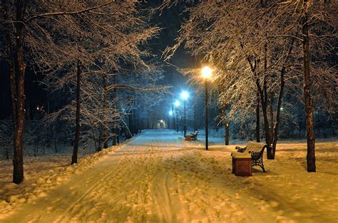 Romantic Evening Benches Bench Seat Winter Snowy Park Road