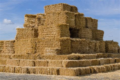 Large Stack Of Square Hay Bales Nature Stock Photos ~ Creative Market