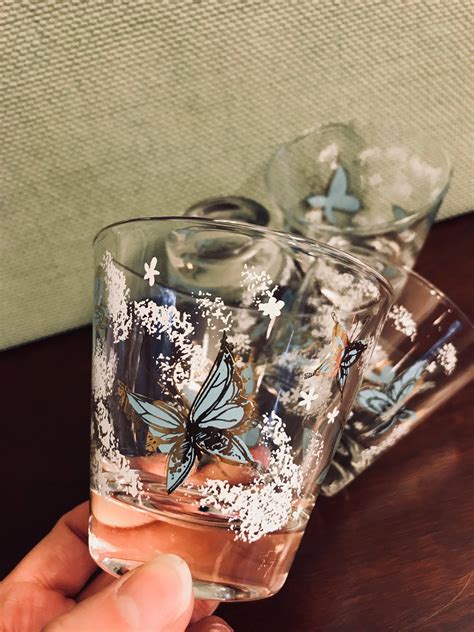 Vintage Butterfly Glasses Gold Gilt Aqua Blue Butterfly Glasses Mid Century Drink Ware T For Her