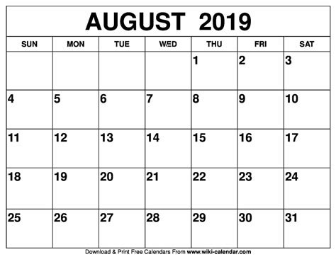 Printable August Schedule