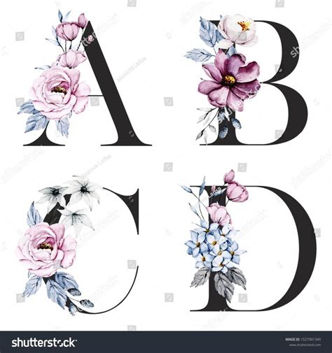 Floral Alphabet Letters Set With Watercolor Flowers And Leaf Monogram