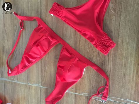 sexy red elastic tanga bikini lotus leaf triangle padded push up bathing suit thong bottom