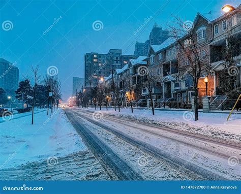 Winter Evening Night City Urban Landscape In Toronto Canada Stock Photo