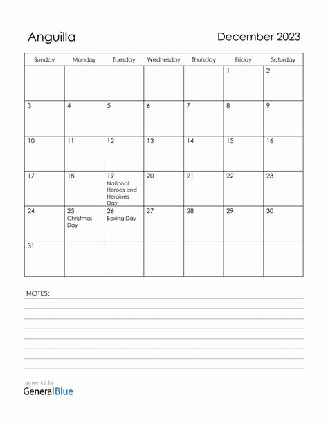 December 2023 Anguilla Calendar With Holidays