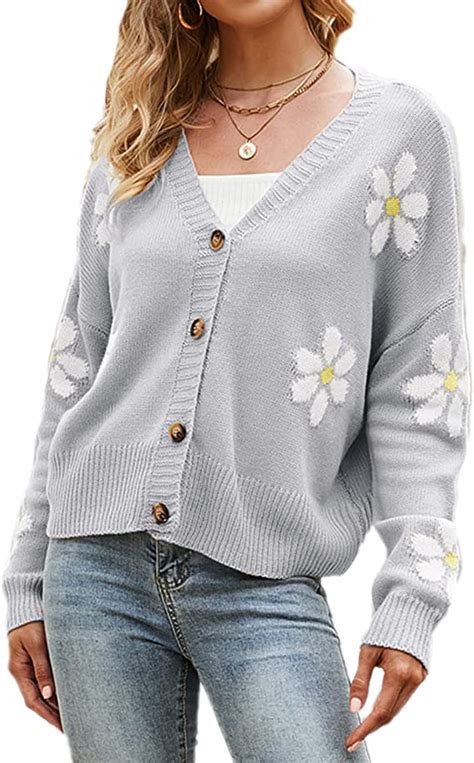 Vemubapis Women Knitted Cardigan Long Sleeve Floral Button Down