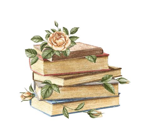 Watercolor Vintage Stack Of Books With Roses Stock Illustration