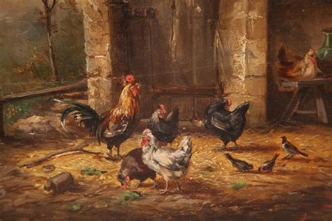 Pair Of 19th Century French Chicken Oil On Board Paintings In Gilt