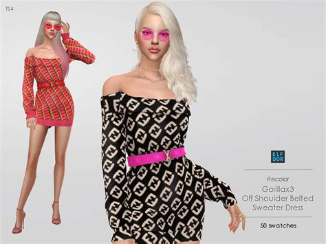 Gorillax3 Off Shoulder Belted Sweater Dress Rc At Elfdor Sims Sims 4