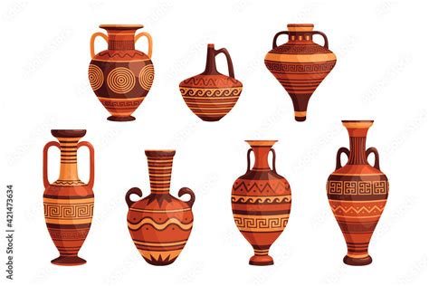 Ancient Greek Vases And Pots Set Decorative Ornate Greece Amphorae Jugs Urns Oil Jars