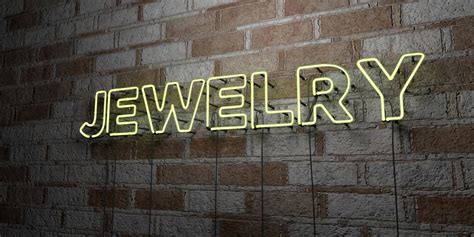 Jewelry Glowing Neon Sign On Stonework Wall 3d Rendered Royalty