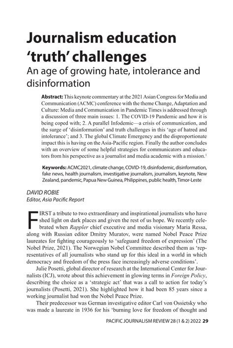 Pdf Journalism Education ‘truth Challenges An Age Of Growing Hate Intolerance And