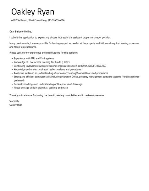 Assistant Property Manager Cover Letter Velvet Jobs