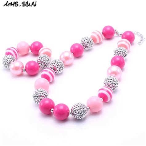 Mhssun Hot Pink Beads Necklace Bracelets Set Fashion Chunky Jewelry