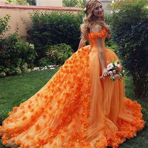 Orange Prom Dresses 2020 Off The Shoulder Hand Made Flowers 3d Ball