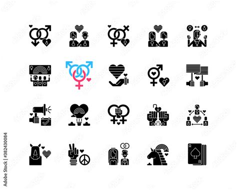 Pride Parade Black Glyph Icons Set On White Space Lgbtq Community Symbols Love And Freedom