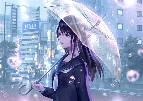 Water Drops Road Dark Eyes Rain Anime Girls School Uniform Dark