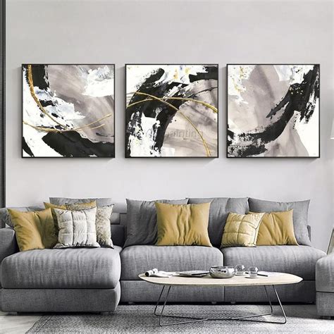 White Black Gold Art Abstract Paintings On Canvas Set Of 3 Etsy