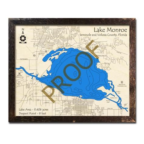 Lake Monroe Fl Wood Map 3d Topographic Wood Chart