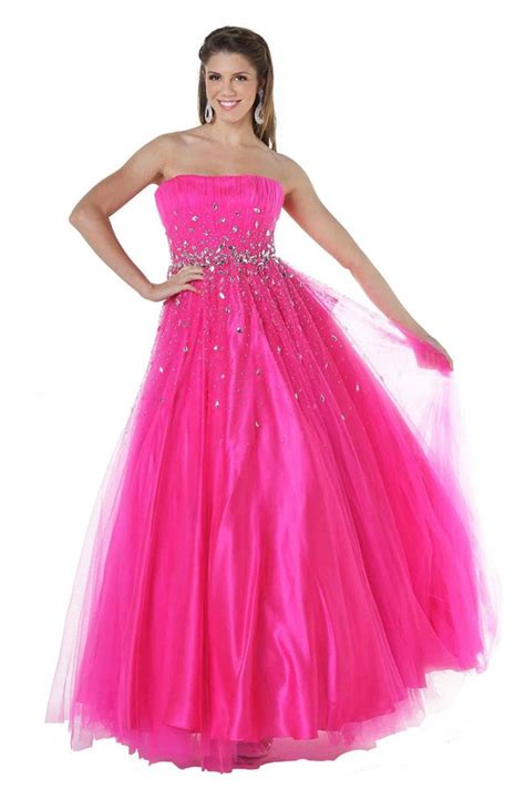 Gorgeous A Line Strapless Long Hot Pink Tulle Beaded Prom Dress