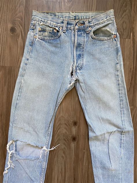 Vintage Levis 501 Ripped Knee Light Wash Denim Jeans Etsy