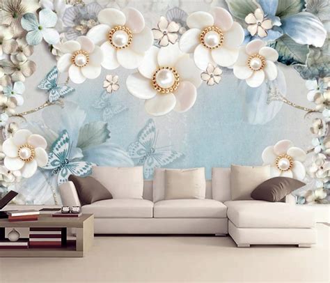 White Florals With Blue Flowers And Butterflies 3d 5d 8d Wall