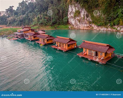 Floating Bungalows At Khao Sok Thailand Drone View At The Lake With