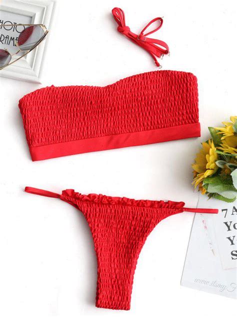 Strapless Ruffles Smocked String Bikini Set Red Bikinis S Zaful