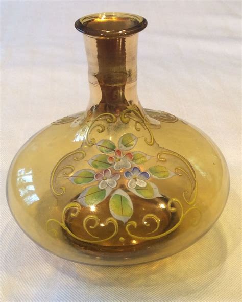 Moser Bohemian Czech 6 Glass Vase Amber 24kt Gold Gilted Enameled Flowers Moser Tiffany