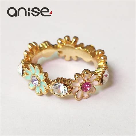 Anise Cute Flower Crystal Ring Woman Romantic Gold Color Silver Color