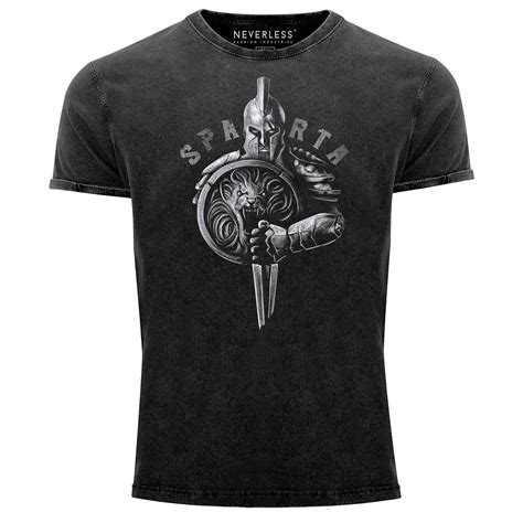 Herren Vintage Shirt Aufdruck Sparta Spartaner Helm Krieger Warrior