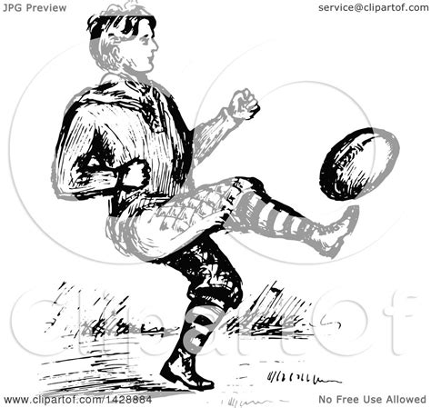 Clipart Of A Vintage Black And White Sketched Man Playing Football