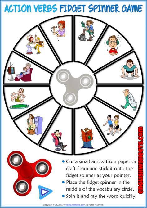 Action Verbs Esl Printable Fidget Spinner Game For Kids