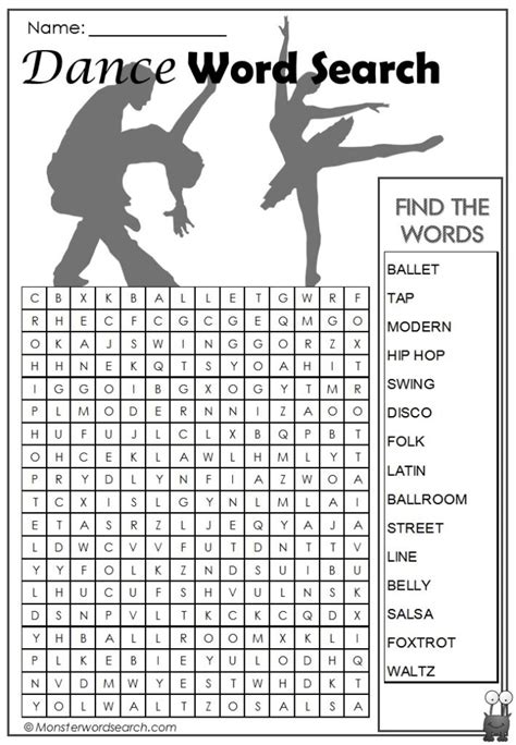 Dance Word Search Monster Word Search
