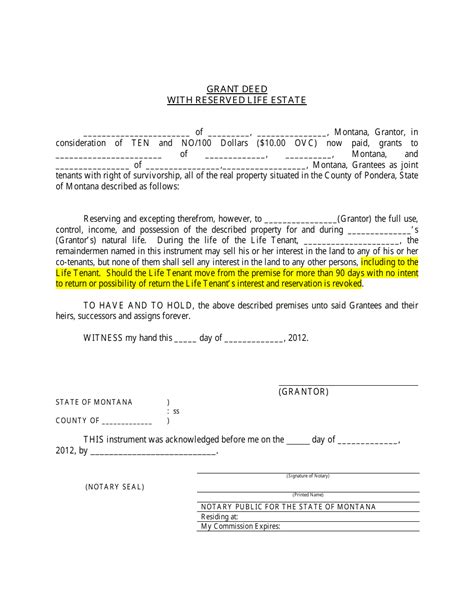 Montana Grant Deed With Reserved Life Estate Fill Out Sign Online
