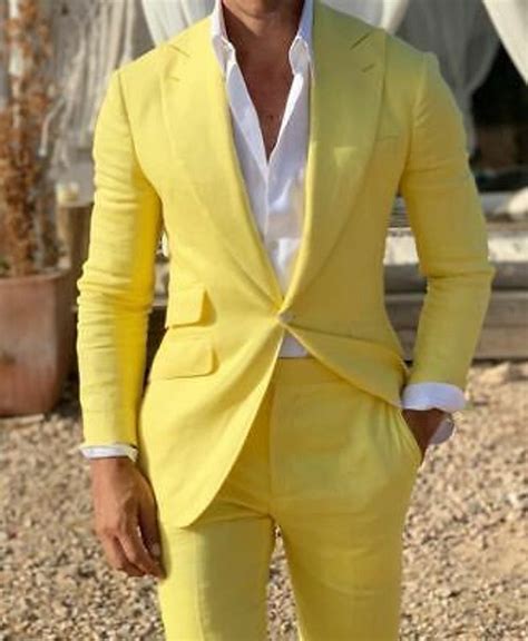 Men Linen Suits Yellow Summer Beach Suit 2 Piece Suit One Etsy