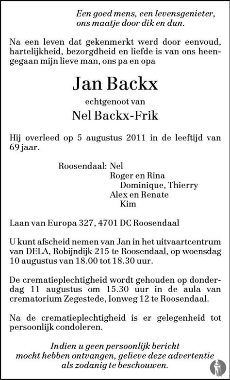 Jan Backx Overlijdensbericht En Condoleances Mensenlinq Nl
