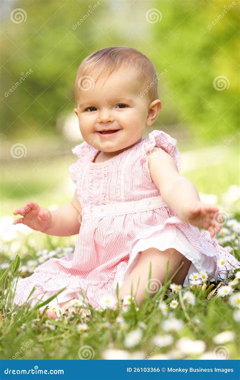 Baby Girl In Summer Dress Sitting In Field Stock Photo Image Of Girl