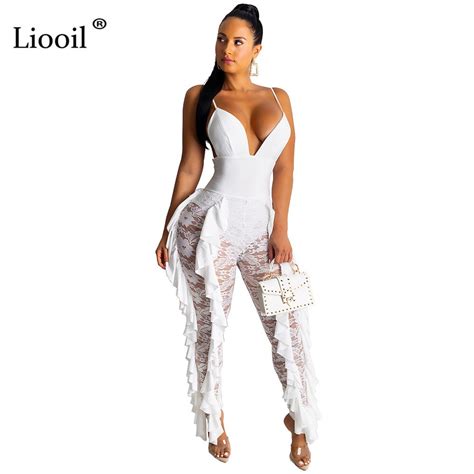 Liooil Backless Lace Sexy Sheer Tight Jumpsuit 2019 V Neck See Through White Party Club Rompers