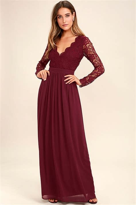 Lovely Burgundy Dress Maxi Dress Lace Dress Long Sleeve Dress