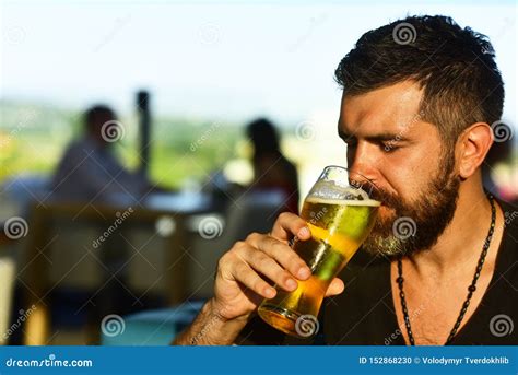 Happy Elegant Man Drinking Beer Beard Man Drinking Beer From A Beer