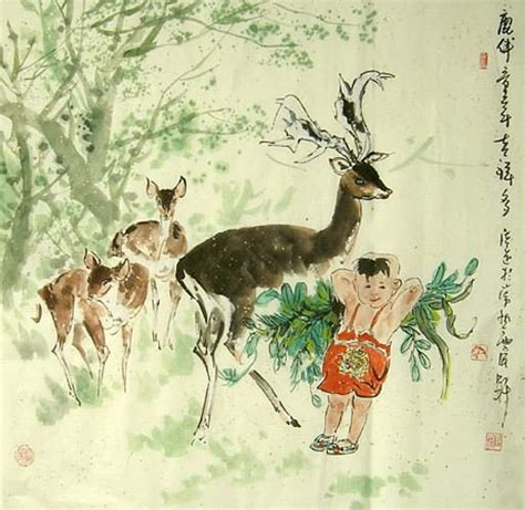 Chinese Deer Painting 0 4457002 66cm X 66cm26〃 X 26〃