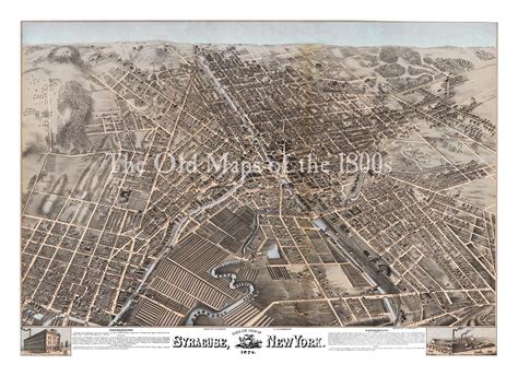 Syracuse New York In 1874 Birds Eye View Map Aerial Panorama