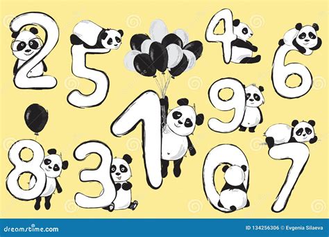 Panda Bears Cute Animals Numbers With Cartoon Baby Illustrations