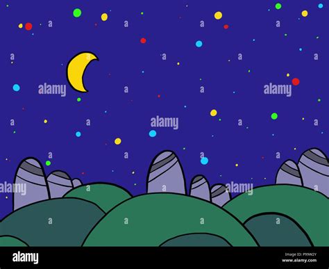 Stars And Moon And Mountains In The Night Sky Cartoon Images Stock