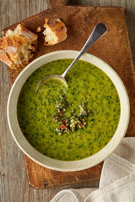 Spinach And Zucchini Soup With Mint Pinenut Pesto Mindfood