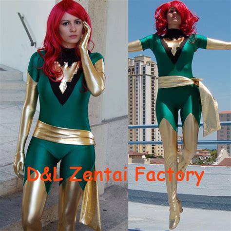 Free Shipping Dhl Jean Grey Costume X Men Phoenix Lycra Spandex Green And Shiny Metallic Gold