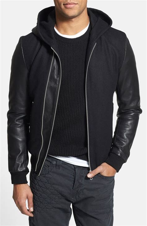 7 Diamonds Ace Wool Blend Hooded Bomber Jacket With Leather Sleeves